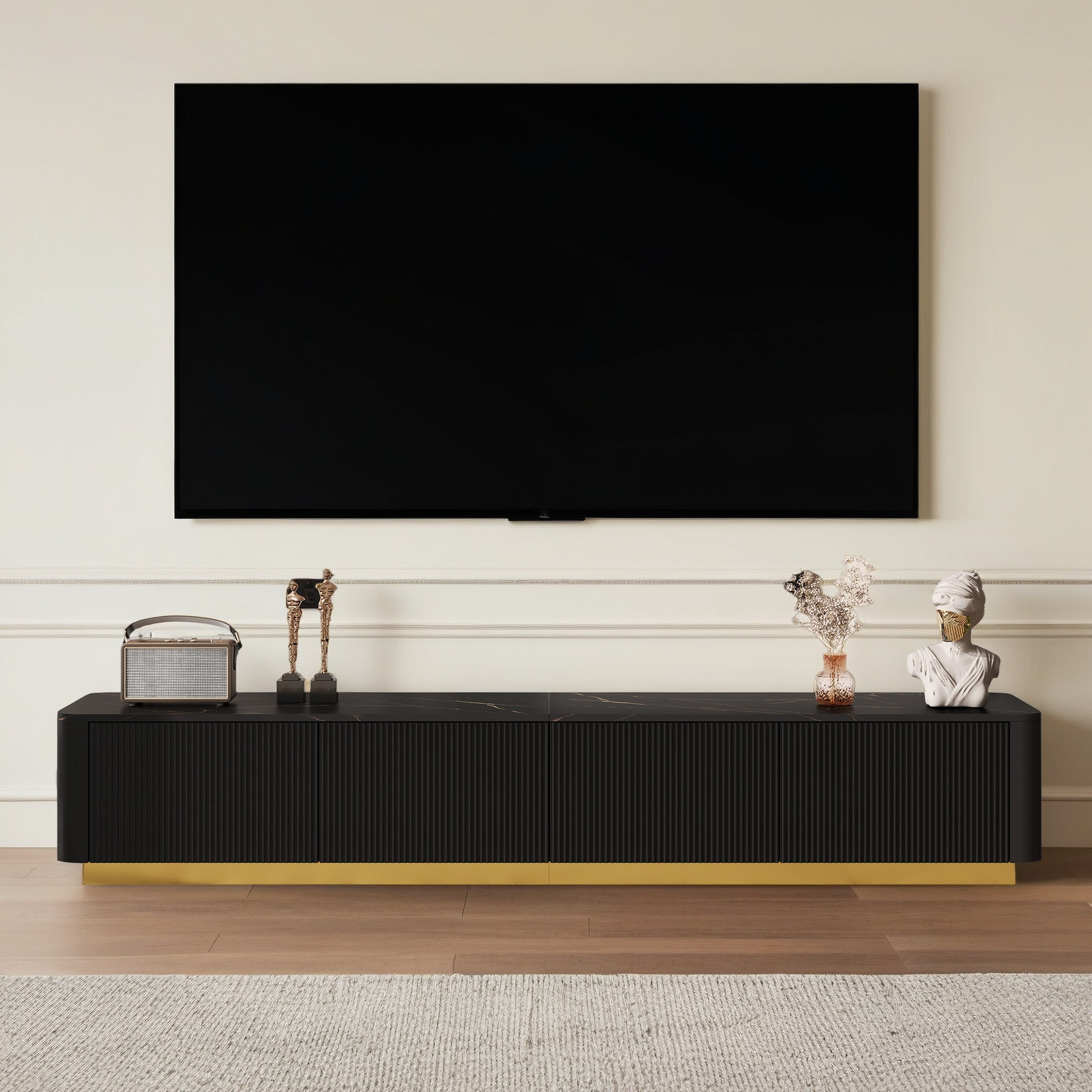 Everly Quinn 78.74" Modern Black Tv Stands With 4 Drawers, Wood Media